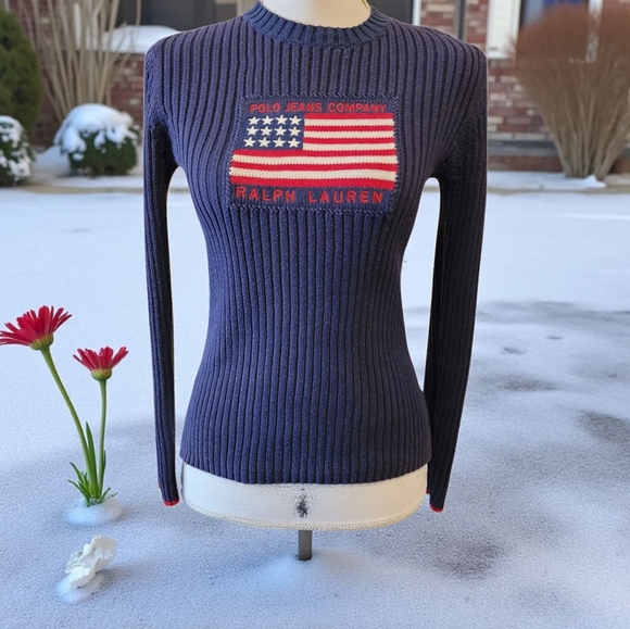 Vtg Y2K Ralph Lauren Navy Sweater with Flag Design Sz Small - Picture 1 of 7
